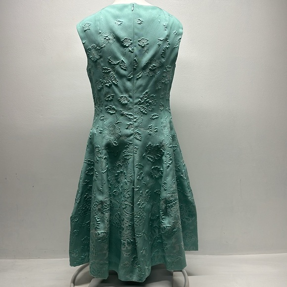 Talbot Runhof Dress Midi Fit Flare Sleeveless Floral 3D Embossed Teal Blue Small - Picture 4 of 13